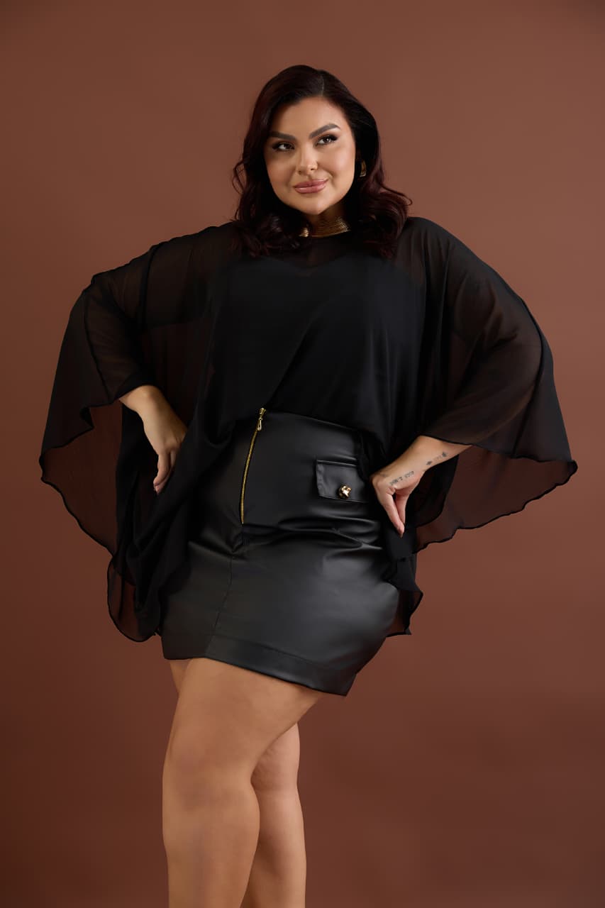 Blusa Linho Saia Couro ecológico