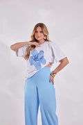 Conjunto Camiseta flor e calça Linho Azul